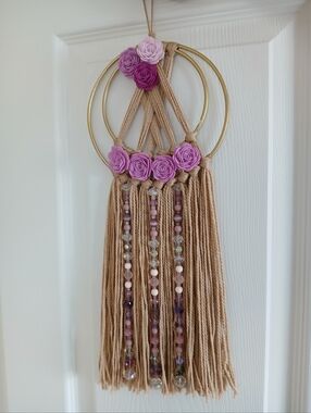 Handmade Boho Macramé Wall Hanging Dream Catcher with Pink Rose Accents